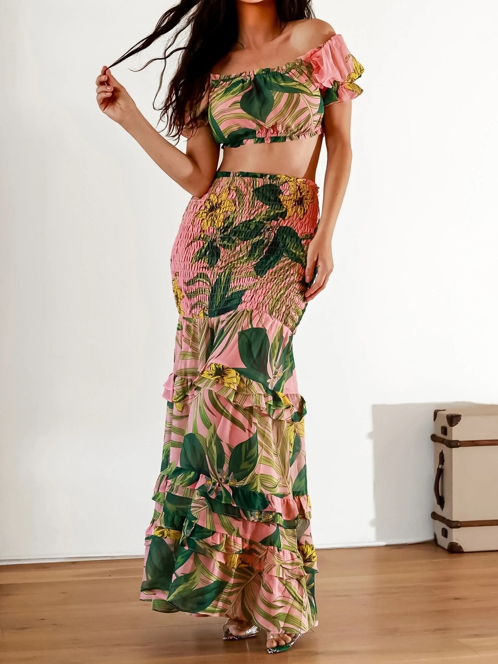 Luxxel Pink Paradise Two Piece Off Shoulder Smocked Ruffle Maxi Skirt Set NWT